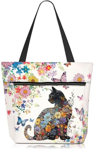 Stoffbeutel Bedruckt mit Katze Geschenke für Katzenliebhaber Baumwolltasche,Stofftasche mit Reißverschluss, wasserdichte Canvas Tasche für Einkauf, Arbeit, Einkaufstasche für Frauen 42x33cm