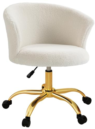 Vinsetto Schreibtischstuhl Höhenverstellbar mit Teddy-Fleece-Optik Weiß | Bürostuhl, Goldenen Beinen, Drehstuhl mit Gebogener Rückenlehne, Schminktischstuhl für Schlafzimmer