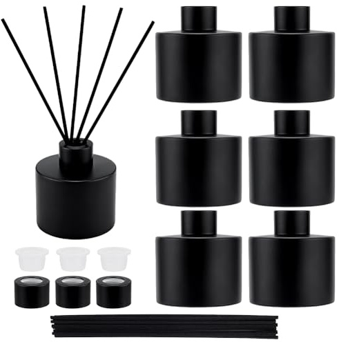 PH PandaHall 6 botellas difusoras de vidrio de 120 ml, frascos difusores de color negro mate, frascos de cristal redondos rellenables con palos, contenedor de almacenamiento de perfume para aceites