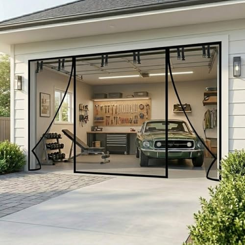 Hochwertiger Magnetvorhang für Garagentore, 3 Eingänge Insektenschutzgitter Balkontür ohne Bohren, Reißfestes Glasfaser-Mückengitter für Terrassentür Garage 244x213cm(Black,488 x 213 cm(16 x 7 ft))