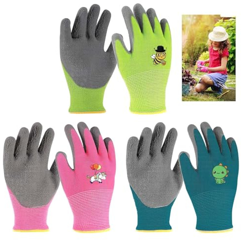 PENCHUAN 3 Paar Gartenhandschuhe für Kinder 6-8 Jahre,Kinder Arbeitshandschuhe mit Latexbeschichtung,Rutschfeste Schutzhandschuhe Gartenhandschuhe,Kinderhandschuhe für Gartenarbeit Junge Mädchen