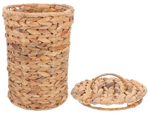 LALADEFIEE Panier en Osier avec Couvercle, Poubelle Rustique Tressée la Main en Herbe Calebasse, Design pour Salle de Bain et Bureau