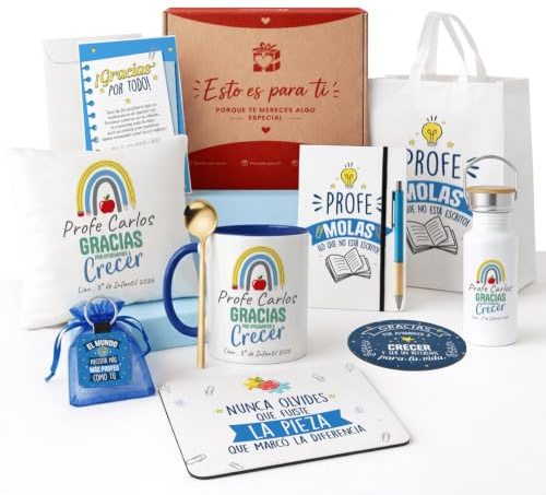 Kembilove® Pack Regalo Profesor Fin de Curso Personalizado – Kit Premium con Cojín, Taza y Libreta – Regalo Original y Útil para Profesores – Detalle Especial de Alumnos