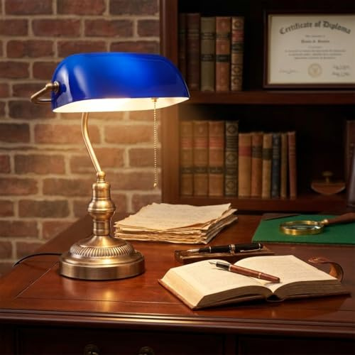 BARCELONA LED Bankerlampe Vintage E27 mit blauem Glasschirm verstellbar, Metallfuß in Messing Gold, Retro Nordisch Modern Tischlampe für Büro Schlafzimmer Wohnzimmer Dekoration