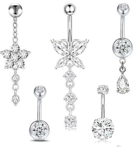 EOAMGO Belly Button Bars 5 Pcs, Sliver Belly Bar 15G Navel Bars,Dangly Belly Button Piercing Jewellery