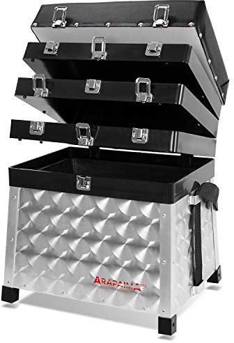 Aluminium Sitzkiepe mit 4 Fächern- Tacklebox mit Sitzfunktion - Angelkiste für Zubehör, Tackle & Ausrüstung