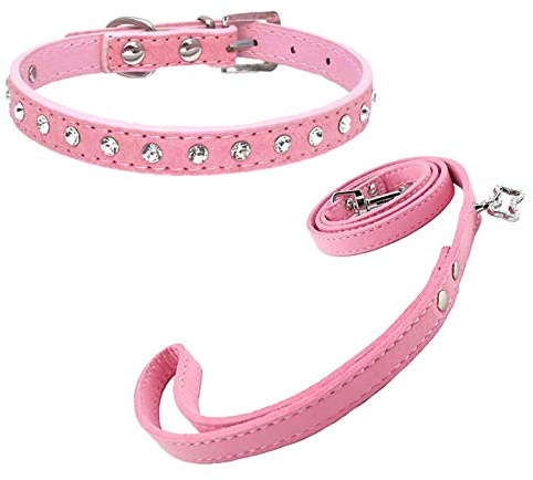 Newtensina Netter Diamante Welpen Halsband und Leine Set Bling Wildleder Halsband mit Leine für kleine Hunde Katzen - Pink - S