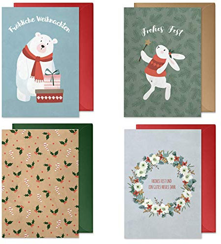 dabelino 4er Weihnachtskarten Set mit Umschlägen: hochwertig, Nostalgie-Design für Kinder/Erwachsene (Eisbär, Zauberhase, Zuckerstangen ohne Text, Kranz, Frohe Weihnachten) | Recycling-Papier