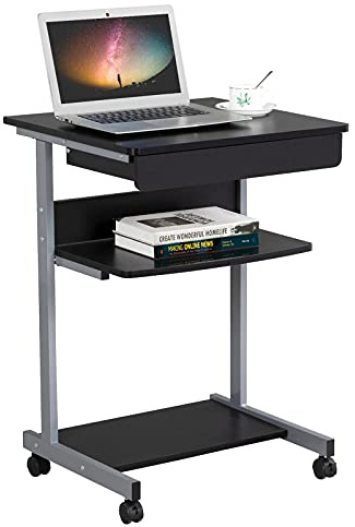 Yaheetech Table Roulante 56x51x79.5 cm avec Tiroir & Étagères - Noir | Tiroir + 2 Étagères (30 kg Plateau) | Roulettes 360° (2 Verrouillables) | Surface Anti-Eau | Bureau, Salon, Chambre