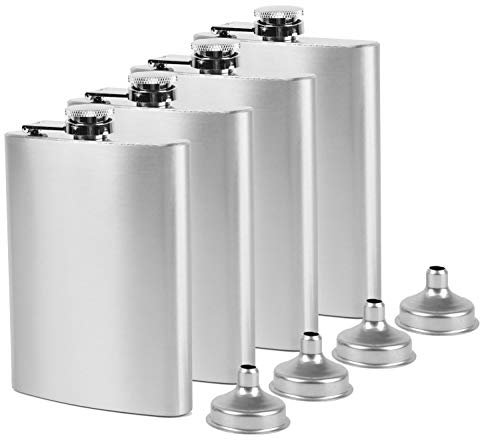 Tebery 4 Stück 8oz Flachmann Set aus Edelstahl mit kleinen Trichtern, 240ml Hüftflasche mit Trichter, Edelstahl Whiskeyflasche, auslaufsicher, tragb