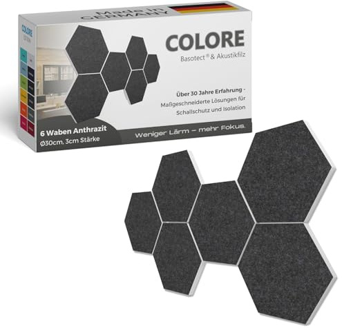 platino24 Akustikpaneele 6 Elemente Colore Waben Ø 30 cm Anthrazit I Schallabsorber aus Basotect G+ mit Akustikfilz I Schalldämmung Wand & Decke I Akustikelemente Wandpaneel