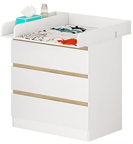 WOLTU Wickelkommode mit Wickelaufsatz, Wickeltisch, Kommode mit 3 Schubladen, Wickelaufsatz abnehmbar, mit Kippschutz, 86 cm für Lendenwirbelschutz, Weiß+Eiche
