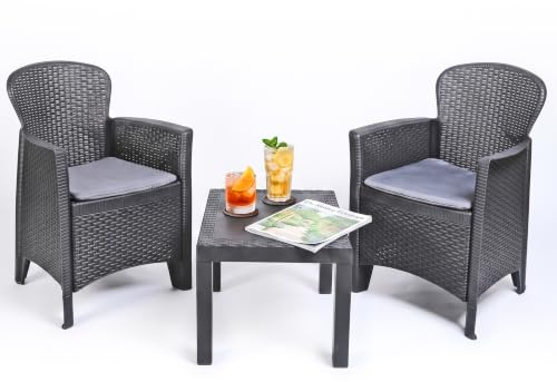 URBNLIVING 3pc Outdoor Garden Furniture Cushioned Black Rattan Table Chair Bistro Set Conservatory