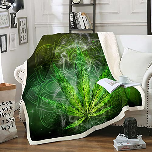 Marijuana Leaf Plush Blankets and throws Galaxy Cannabis Leaves Sherpa Blanket for Kids Boys Girls Marijuana Weed Hemp Fleece Throw Blanket Botanical Fuzzy Blanket for Bed Sofa Teal Double 60x79 Inch