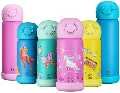 B2DO Doppelwandige Edelstahl 316 Thermoflasche für Kinder Rosa Einhorn 350ml| Auslaufsichere isolierte Kinder Trinkflasche für die Schule | BPA-freie Trinkflasche mit Trinkhalm für Kinder