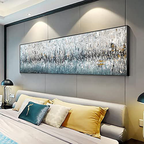 ZMFBHFBH Gerahmte Leinwand Kunstwerk Ölgemälde Morden Abstrakt Blau Grau Ozean Gemälde Wandkunst Bilder für Wohnzimmer Wohnkultur 60x180cm (24x71in) Mit Rahmen
