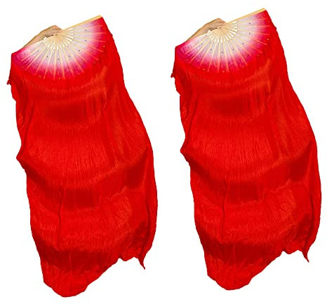 Hayaww 2 Pcs FäCher SchleierfäCher,Bauchtanz Schleier Fans SchleierfäCher Lange FäCher FäCherschleier Bauchtanz Dance1.8m FüR GroßE Auftritte Proben Unterhaltung (Groß Rot)