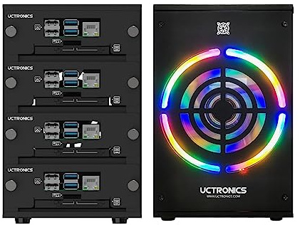 UCTRONICS Box cluster desktop per Raspberry Pi, fino a 4 pis e SSD da 2,5, vassoi anteriori rimovibili, ventola di raffreddamento LED da 12 cm per Raspberry Pi 5/4B/3B+/3B