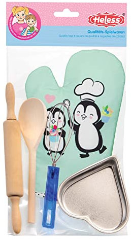 Heless 232 - Set de pâtisserie pour Enfants, 5 Accessoires de pâtisserie avec Gant de Four, Moule à gâteau en Forme de cœur, Rouleau à pâtisserie et cuillère de Cuisine en Bois et Fouet