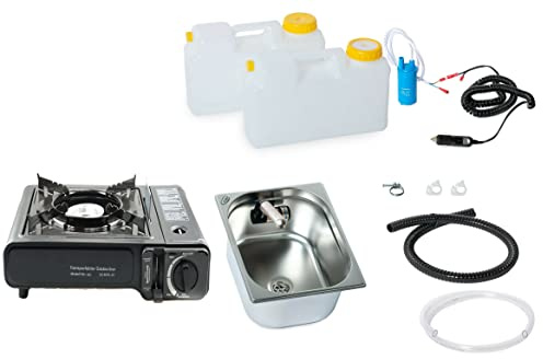 12V Wasseranlage Imbisswagen Verkaufsanhänger Campingküche Bausatz Spüle 325x265x150 Integrierten Wasserhahn Barwig Raumsparkanister + Gaskocher (ad-ideen)
