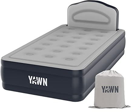 YAWN AIR Bed - Self-inflating Airbed - Great Guest Bed, Camping Mattress - Built-in Pump & Headboard - Grey Fabric Material - Available in UK Single, Double and King - Single Size
