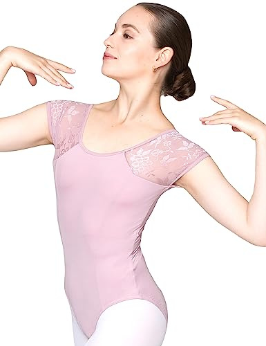 tanzmuster Ballett Trikot Damen Kurzarm - Maike - BH-Pad-Einschub - geblümte Spitze - malve 36 - rosa Tanz Body - Ballettkleidung für Erwachsene