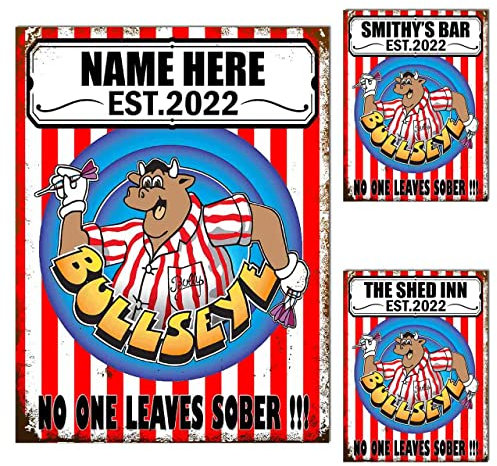 Personalised Home Bar Metal Tin Sign Plaque Bullseye Man Cave Shed Bar Tiki Bar Garden Bar Fathers Day Gift Poster Print Dad Mum Ref 0219 PER (10x8 inches (Approx) 25cmx20cm)