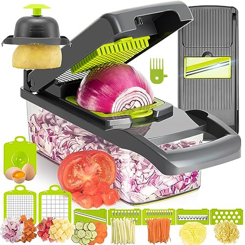 Maxceysen Hachoir à légumes multifonction 12 en 1 Pro Mandoline Trancheuse à légumes à oignons avec récipient pour pommes de terre, tomates, courgettes, ail, œufs, concombres