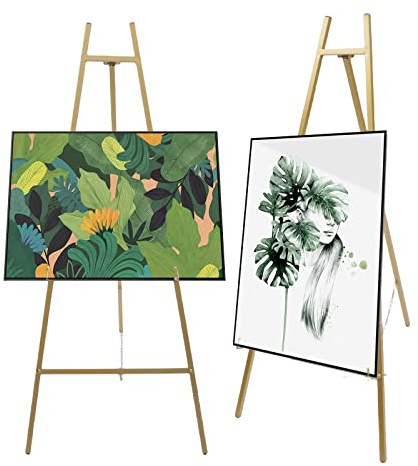 Goldene Staffelei Ständer Set (2er Pack) - Hochwertige Stahlrohr Staffelei für Hochzeiten, max. 5kg Tragkraft, höhenverstellbar (50-104cm), klappbar - Champagner Gold für Bilder, Poster & Gemälde