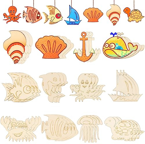 36Pcs Ocean Themed Party Hanging Ornaments Sea Tropical Wooden Slices Fish Animal Hanging Decor Fish Sea Turtle Crab Dolphin Octopus for Sea Party Decorations