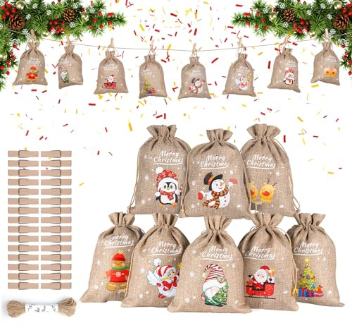 ilauke 24 Stück Jutebeutel Weihnachten 13 x 18cm,Jutesack Klein Nikolaussack Stoffsäckchen mit Zugband mit 10m Hanfseil und 30 Holzklammern für Weihnachtskalender Adventskalender DIY Partygeschenke