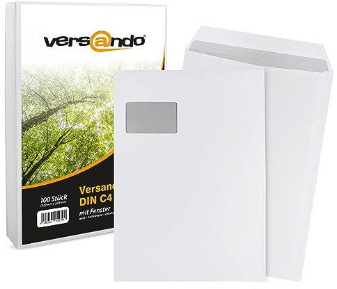 versando 100x Versandtaschen C4 mit Fenster Haftklebend 229 x 324 mm weiß: | Briefumschläge für Büro, wichtige Unterlagen, blickdicht, einfach verschließbar