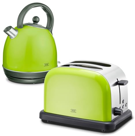 KHG Retro-Frühstücksset, Toaster 2 Scheiben mit Brötchenaufsatz, für Tee | 7 Bräunungsstufen 850 W, Wasserkocher 1,7 L mit Abschaltautomatik 2200 W, 2-teilig lime grün, pflegeleicht im Gebrauch