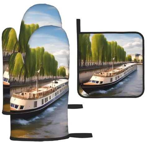 View Of The Seine - Set di 3 guanti e presine antiscottatura per cucinare e grigliare, regalo di Natale per la festa della mamma