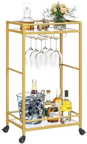 Lifewit Servierwagen, Barwagen auf blockierbaren Rädern, rollender Küchenwagen mit 2 verspiegelten Ebenen, Wein Spirituosen Wagen mit Glashalter, Cocktail Barwagen für Küche & Wohnzimmer, Gold
