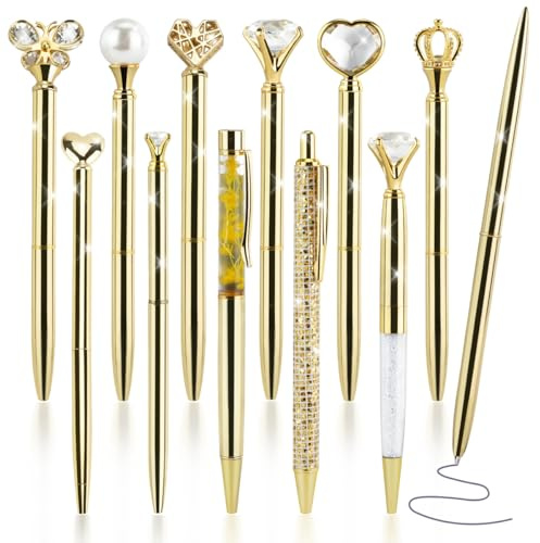 IBEQUEM Juego de 12 bolígrafos de metal dorado con tinta negra, regalo para mujeres, niñas, damas de honor, bodas