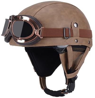 Halbschalenhelm Retro PU-Leder Half Helm mit ECE, Vintage Helme mit Schutzbrille, Jethelm Retro, Chopper Helm, Scooter-Helm, Offenem Helm, mit Sonnenblende und Herausnehmbares Innenfutter H,S