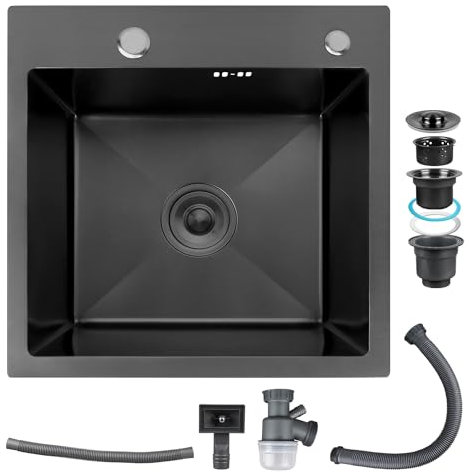 Fulgutonit Lavello Cucina 1 Vasca, Lavandino Cucina Grigio 45x45 cm, Lavabo Acciaio Inossidabile Quadrato con Set di Scarico, Lavello ad Incasso o Superiore con 2 Fori Preforati