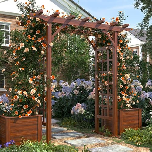 Weeddings Dekorationslaube, Gartenbogen mit Tor, Holzbogengitter für Party, Garten, Hinterhof, Rasen, Zeremonie, Kletterpflanzen (Color : Brown Arch, Size : 200cm)
