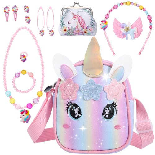 Yamitora Einhorn Handtasche und Schmuck Set für Mädchen - Kinderschmuck Geschenke 2-6 Jahre - Halskette Armband Geburtstagsgeschenk Einhorn Geschenke für Mädchen