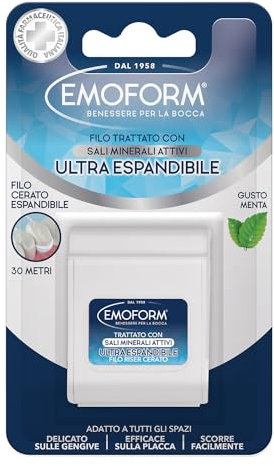 Emoform Filo Interdentale Cerato Ultra Espandibile - Trattato con Sali Minerali e Menta, 30mt - Delicato sulle Gengive con Scorrevolezza Ottimale per una Pulizia dei Denti Profonda.
