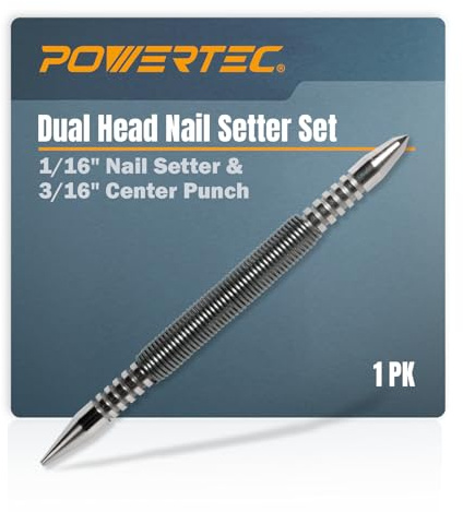 POWERTEC Poinçon à double tête et pointeau central, poinçon à ressort de 0,6 cm avec poinçon central de 3/16, force de frappe de 5000 PSI pour marquer et fixer des ongles fiers, 1 pièce (71939)