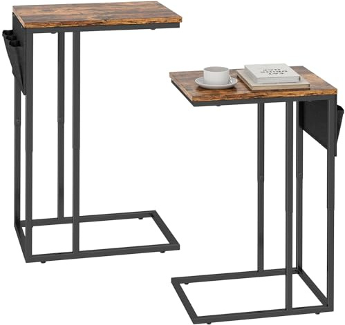 Livofloral 2er-Pack Beistelltische C Form, Wohnzimmertisch mit Metallgestell, Kaffeetisch fürs Wohnzimmer, Couchtisch für Kleine Räume, Sofatisch 2er-Set für Kaffee und Laptop, 40 x 30 x 64 cm, braun