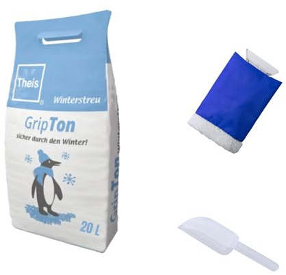 Winterstreu-Bundle-Set - Natürliches, Salzfreies Streugut für Gehwege und Straßen, Umweltfreundlich und Wiederverwendbar, mit Blauem Engel ausgezeichnet, mit Eiskratzer und Streu-Schaufel (20 Liter)