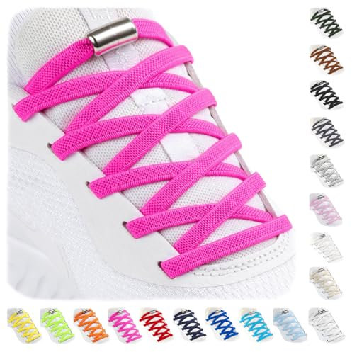 Stepace Elastici Lacci Senza Nodo con Chiusura in Metallo - 1 Paia No Tie Elastici Stringhe delle Scarpe per Bambini e Adulti, per Scarpe da Ginnastica, Scarpe da Corsa Rosa Neon