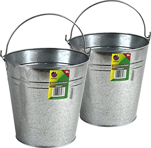 Galvanised Metal Bucket with Handle (Set of 2 Metal Bucket 9L)