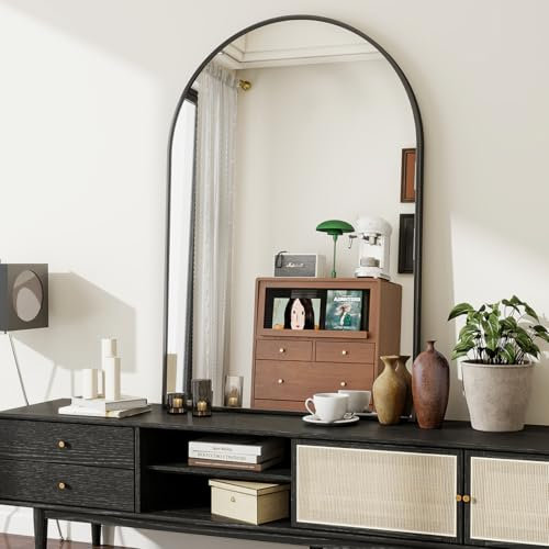 BEAUTYPEAK Miroir mural arqué - 75 x 100 cm - Cadre en alliage d'aluminium incassable - Peut être appuyé ou accroché au mur - Miroir sur pied pour chambre à coucher, salle de bain et toilettes