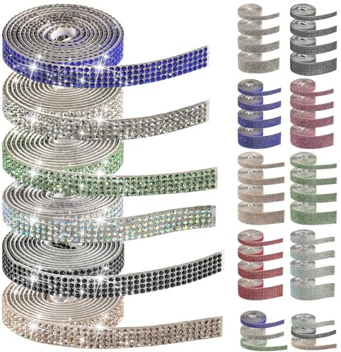 Swpeet 6 Rollos 6 Colores 4 Filas Tiras de Cinta de Diamantes de Imitación Autoadhesivas, Pegatinas de Cinta de Cristal Brillante con Diamantes de Imitación, Cinta Adhesiva de Diamantes de Imitación