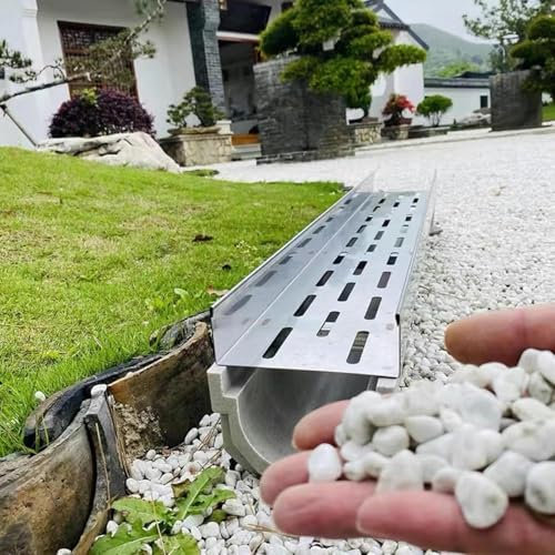 Canaletta Scolo Acqua Piovana Canale di Scarico per Carichi Pesanti per Il Riempimento di Ciottoli, Filtri di Drenaggio con Tubo in Plastica e Griglia Metallica, Grondaia da Giardino/ Decorazione del