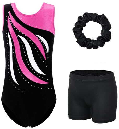 XFGIRLS Gymnastikanzug für Mädchen, ärmellos, glitzernd, Turnanzug, Gymnastik, athletischer Turnanzug, Mädchen, Ballett, Tanz, Gymnastik, Turnanzug, 5–14 Jahre, BlackHotPink_B179, 7-8 Years